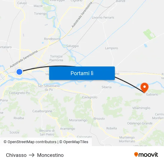 Chivasso to Moncestino map