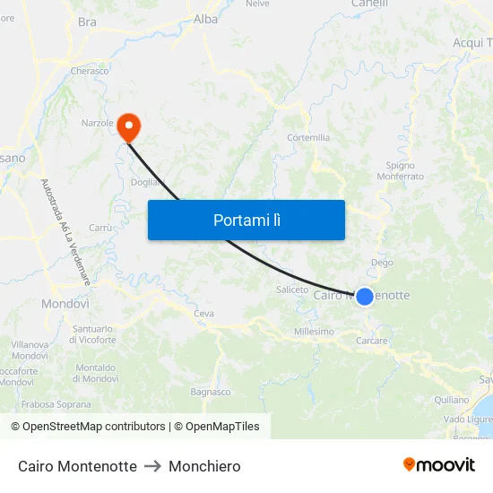 Cairo Montenotte to Monchiero map