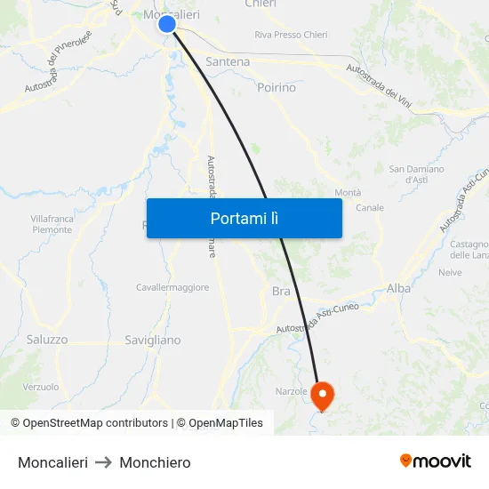 Moncalieri to Monchiero map