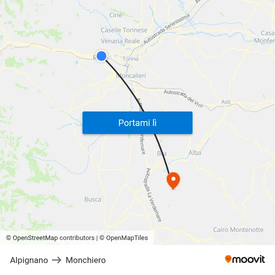 Alpignano to Monchiero map
