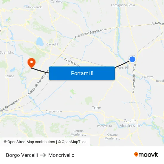 Borgo Vercelli to Moncrivello map