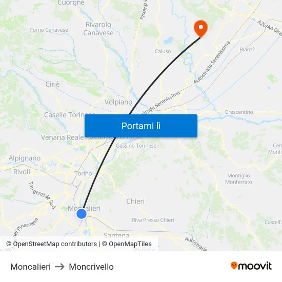Moncalieri to Moncrivello map