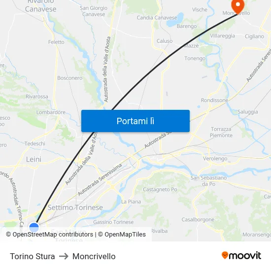 Torino Stura to Moncrivello map