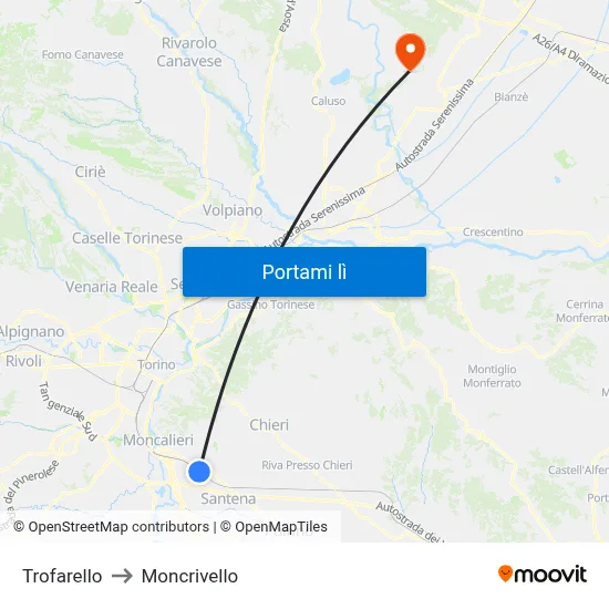 Trofarello to Moncrivello map