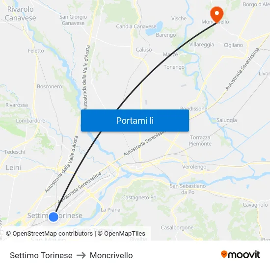 Settimo Torinese to Moncrivello map