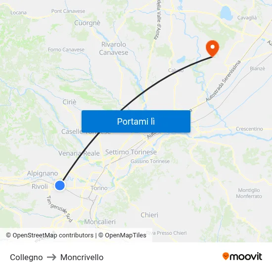 Collegno to Moncrivello map