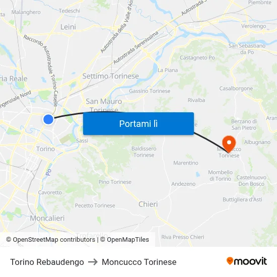 Torino Rebaudengo to Moncucco Torinese map