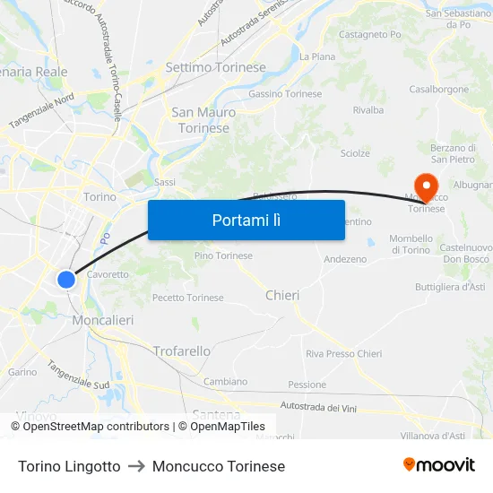 Torino Lingotto to Moncucco Torinese map