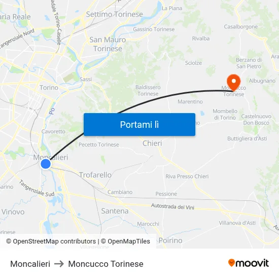 Moncalieri to Moncucco Torinese map