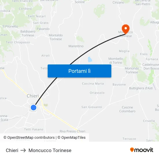 Chieri to Moncucco Torinese map
