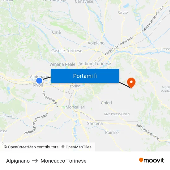 Alpignano to Moncucco Torinese map