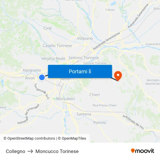 Collegno to Moncucco Torinese map