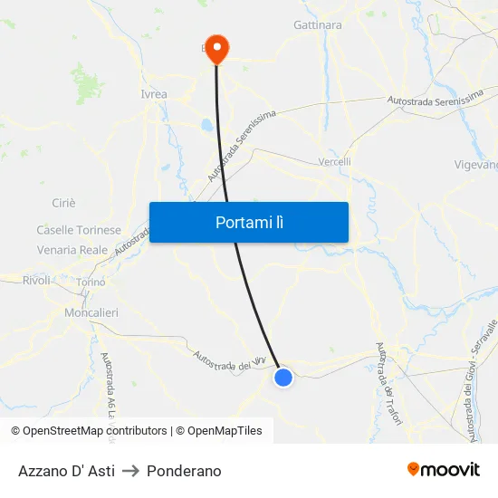 Azzano D' Asti to Ponderano map