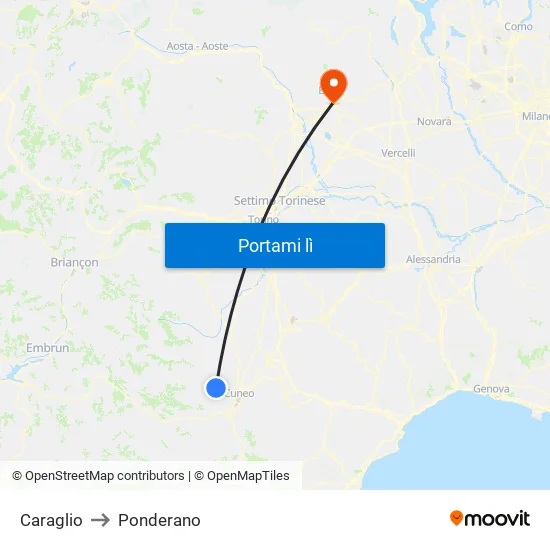 Caraglio to Ponderano map