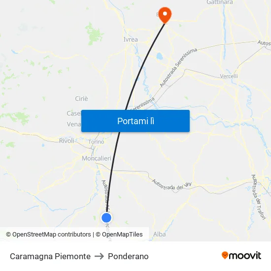 Caramagna Piemonte to Ponderano map