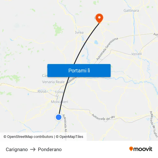 Carignano to Ponderano map
