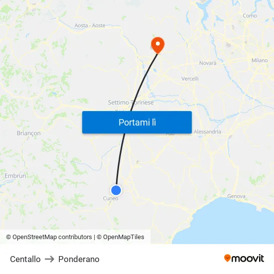 Centallo to Ponderano map