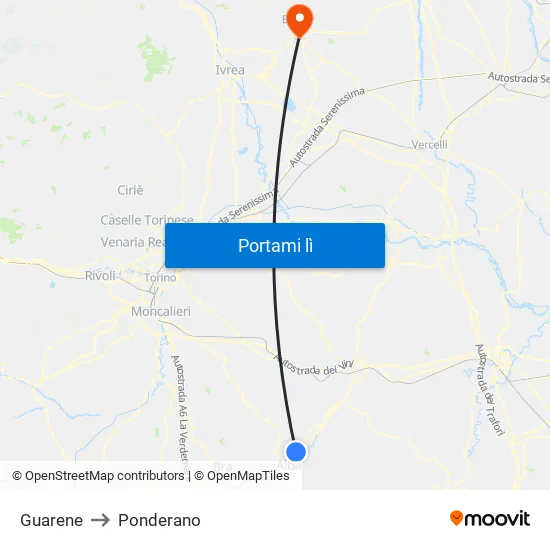 Guarene to Ponderano map