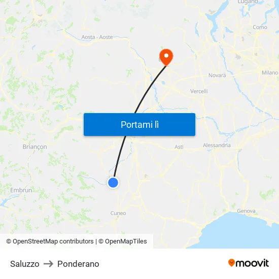 Saluzzo to Ponderano map