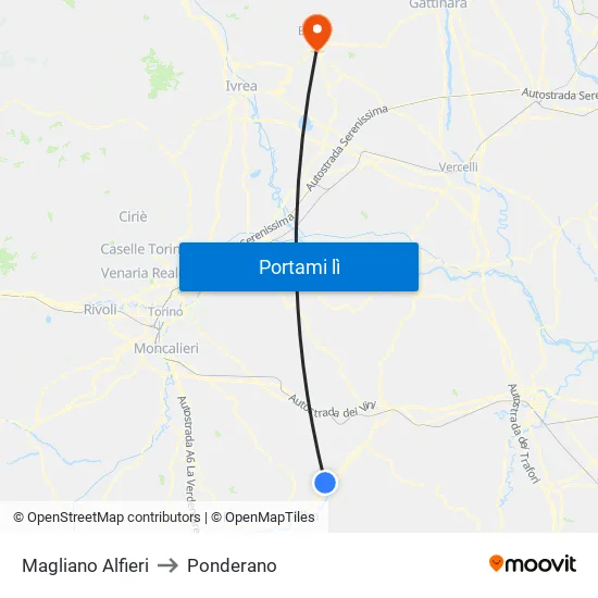 Magliano Alfieri to Ponderano map