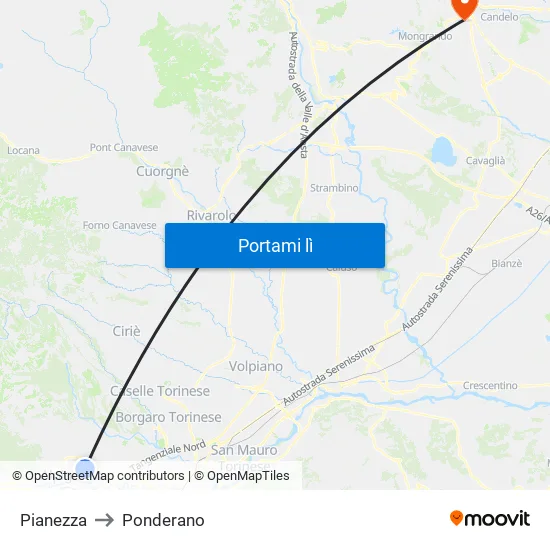 Pianezza to Ponderano map