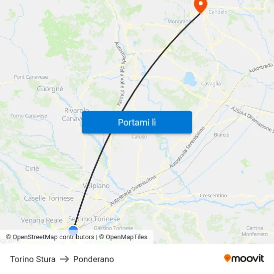 Torino Stura to Ponderano map
