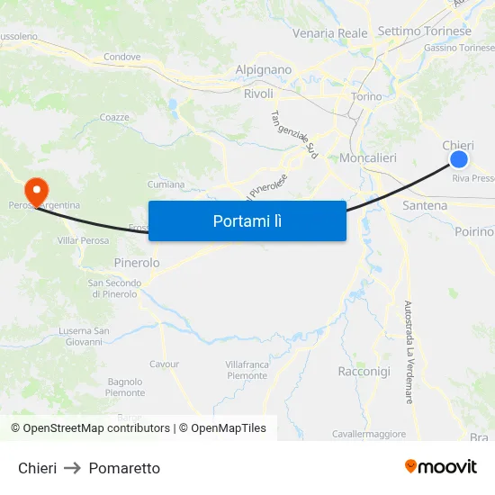 Chieri to Pomaretto map