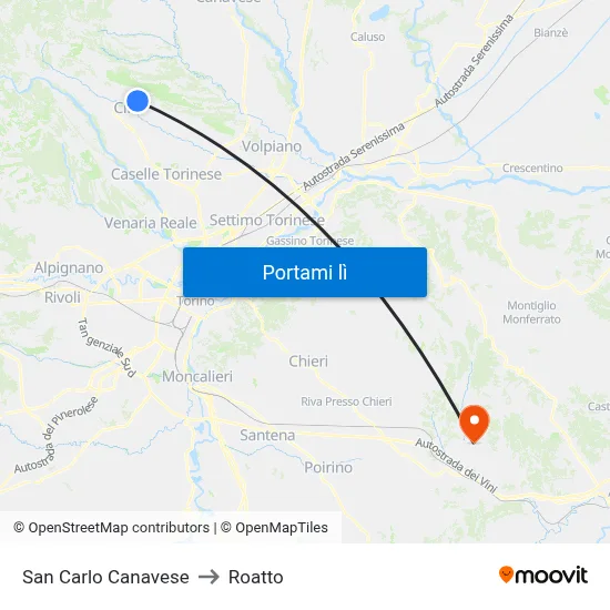 San Carlo Canavese to Roatto map