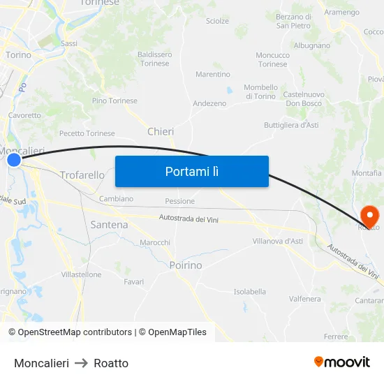 Moncalieri to Roatto map