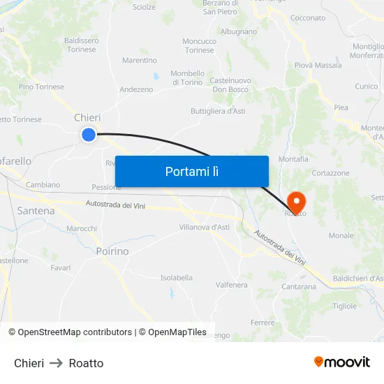 Chieri to Roatto map