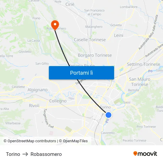 Torino to Robassomero map