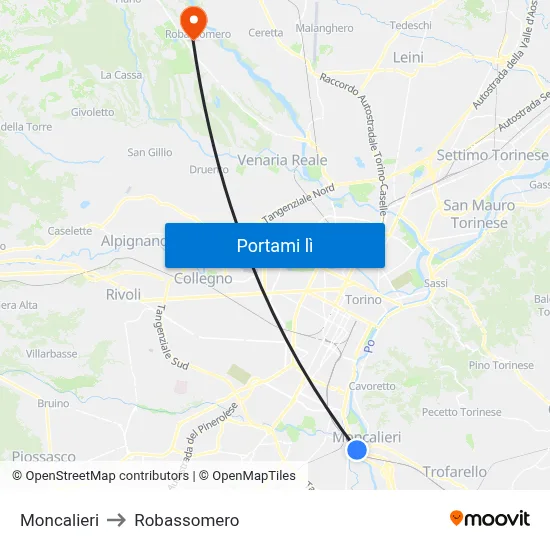 Moncalieri to Robassomero map