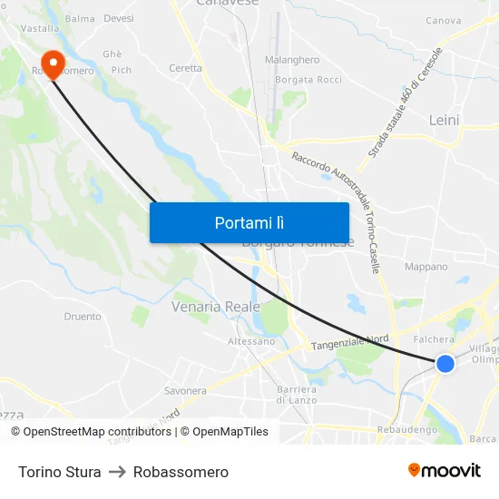 Torino Stura to Robassomero map