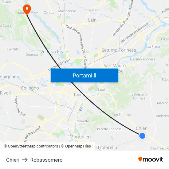 Chieri to Robassomero map