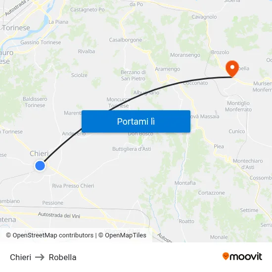 Chieri to Robella map