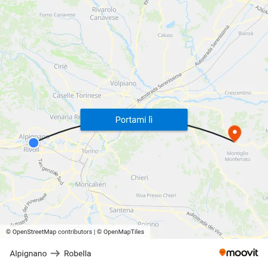 Alpignano to Robella map