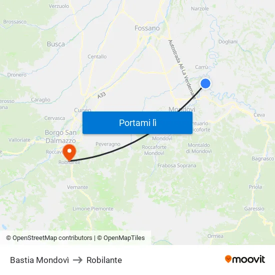 Bastia Mondovì to Robilante map