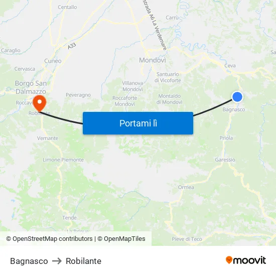 Bagnasco to Robilante map