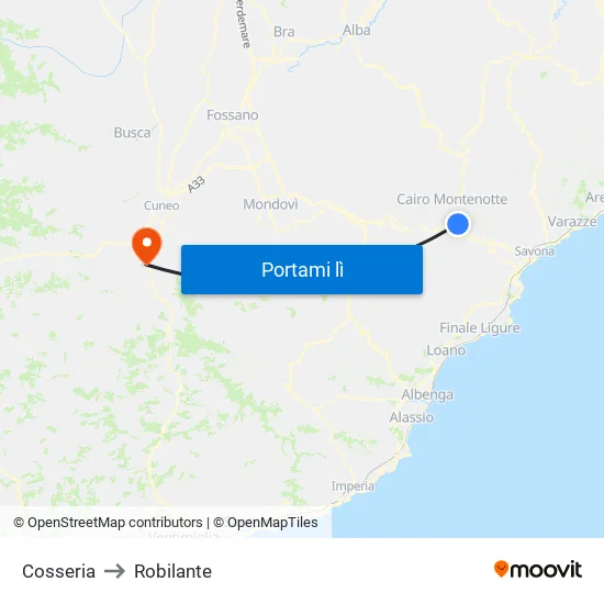 Cosseria to Robilante map