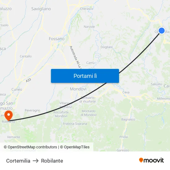 Cortemilia to Robilante map