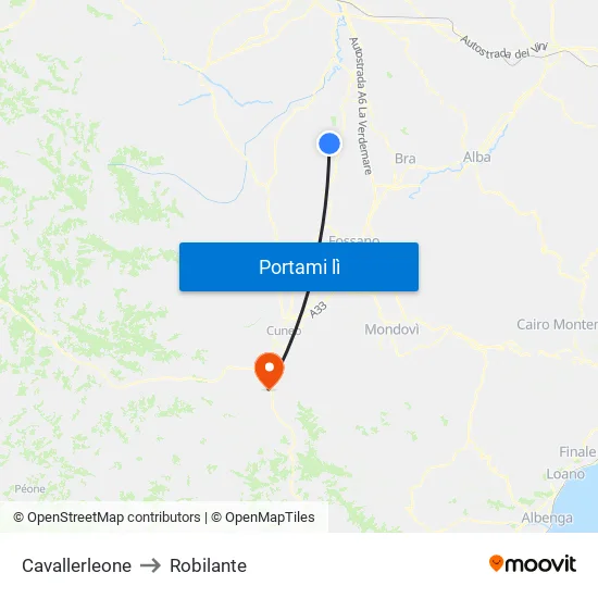 Cavallerleone to Robilante map