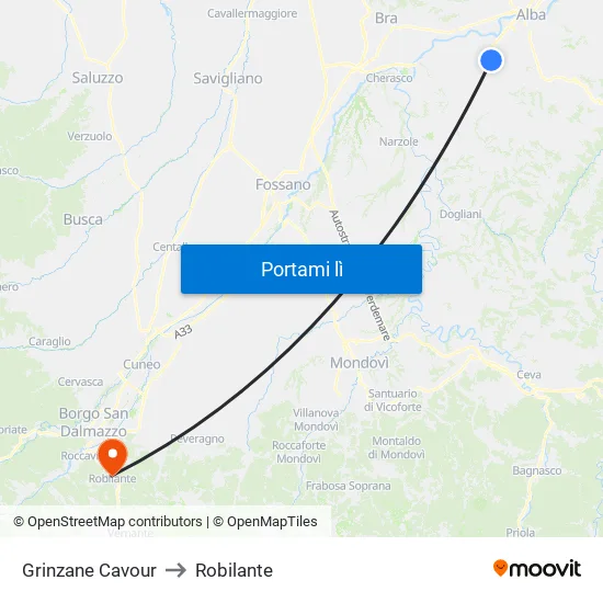 Grinzane Cavour to Robilante map