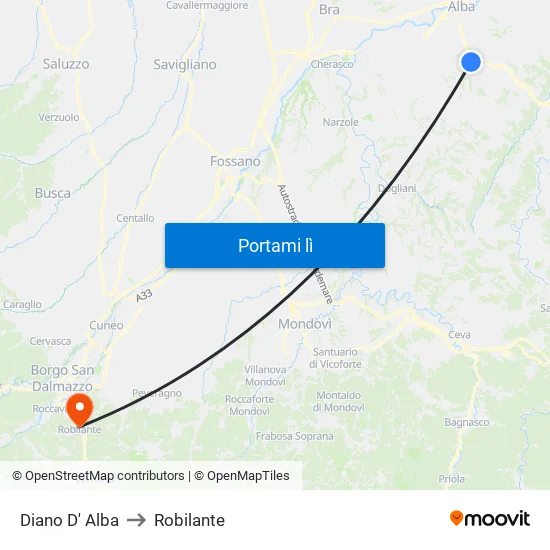 Diano D' Alba to Robilante map