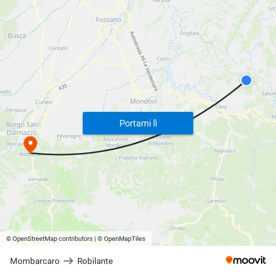 Mombarcaro to Robilante map