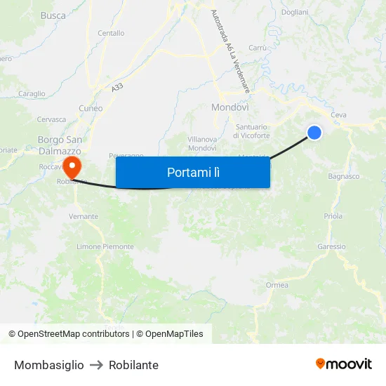 Mombasiglio to Robilante map