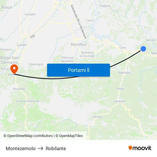 Montezemolo to Robilante map