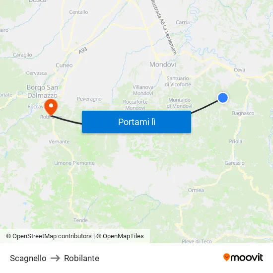 Scagnello to Robilante map