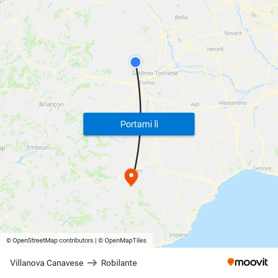 Villanova Canavese to Robilante map
