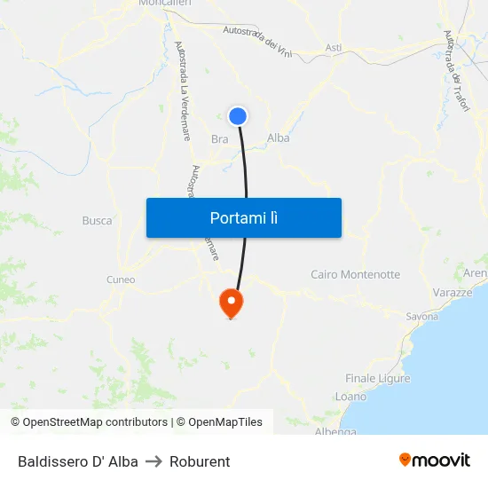 Baldissero D' Alba to Roburent map