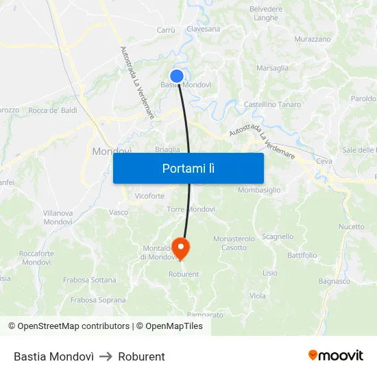 Bastia Mondovì to Roburent map